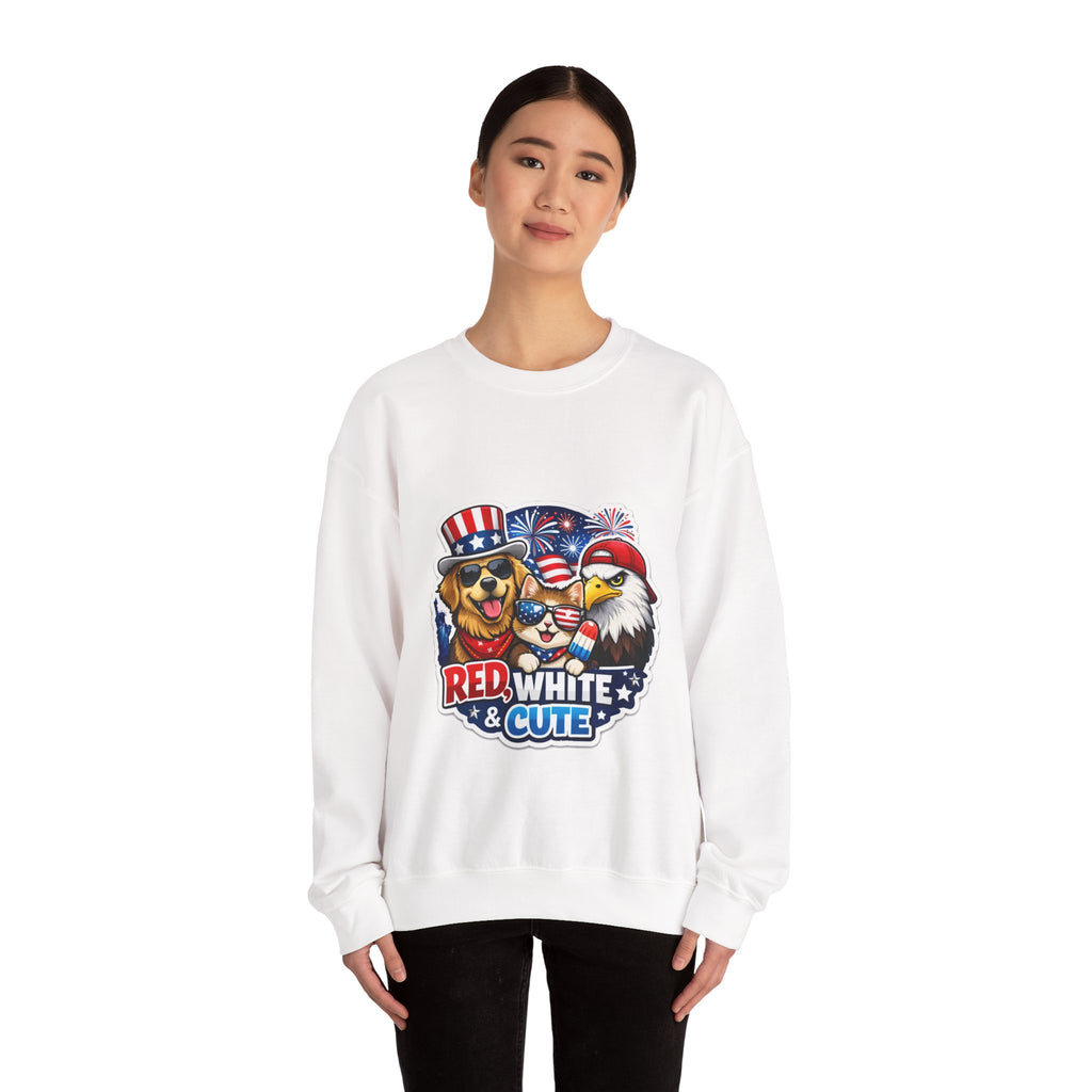 Patriotic "Red, White & Cute" Sweatshirt — 4th of July Dog & Eagle Crewneck